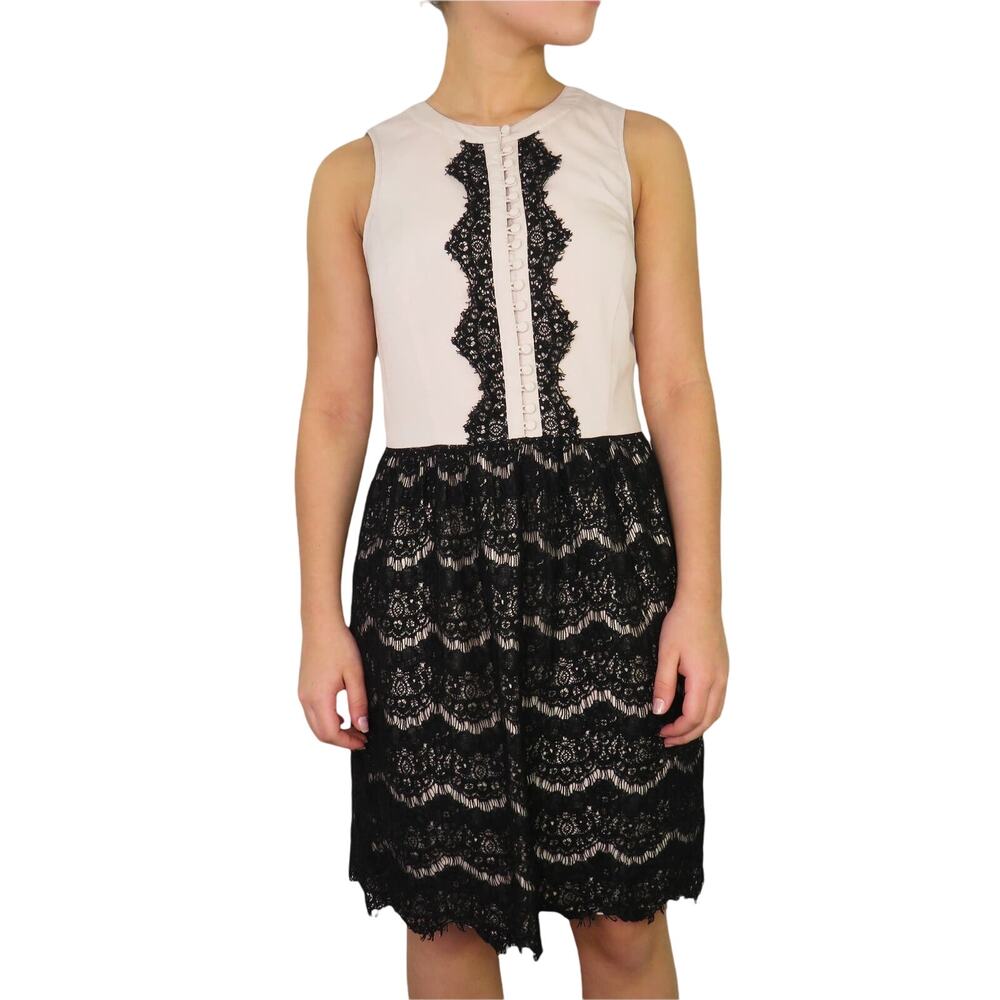 Kensie Cream Pink & Black Lace Sleeveless High Neck Twee Mini Dress Medium - Picture 1 of 6